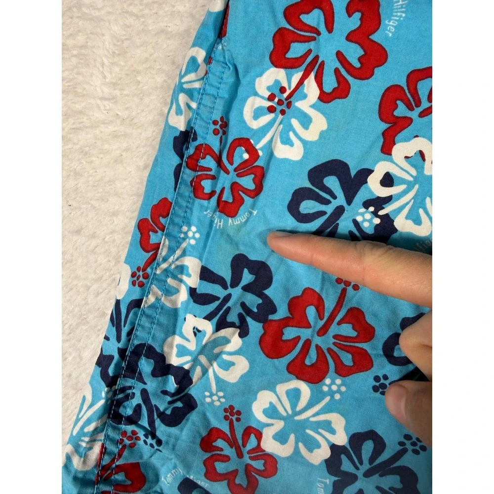 Tommy Hilfiger Swim Trunks Kids M Blue Red Hibiscus Floral Vintage Y2K Beachwear